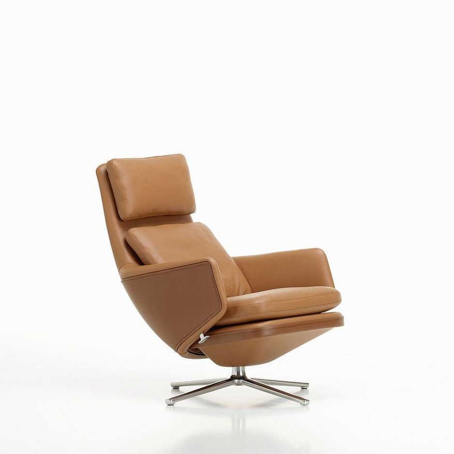 Vitra Single Armchairs | Grand Relax & Ottoman | Cognac Leather - Aluminum Base