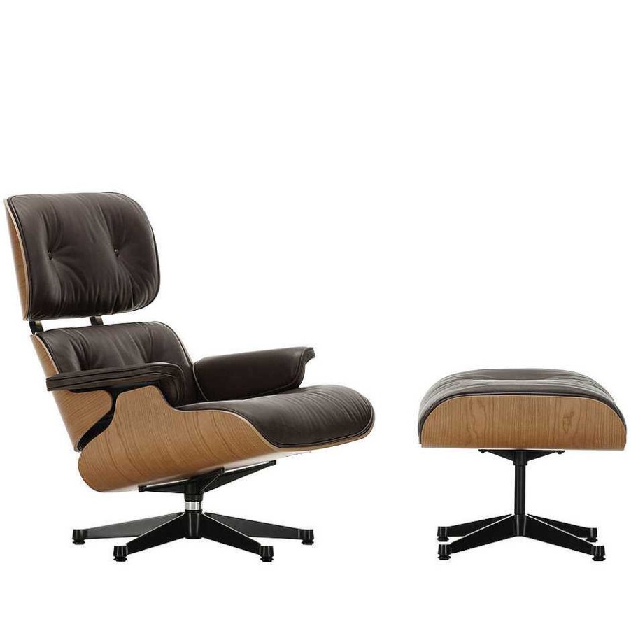 Vitra Single Armchairs | Lounge Chair & Ottoman | American Cherry - Chocolate Leather