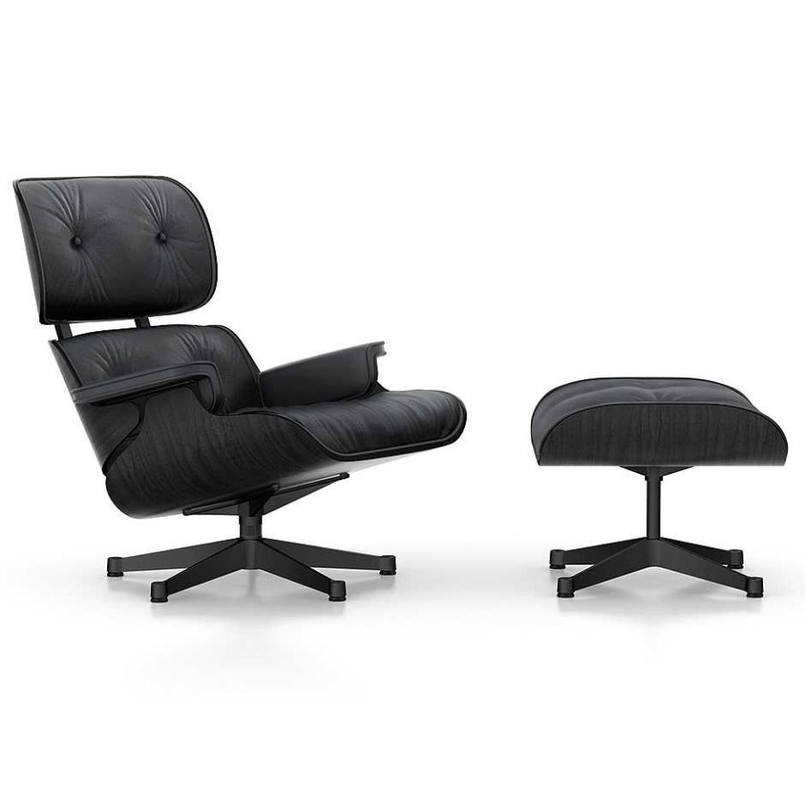 Vitra Single Armchairs | Lounge Chair & Ottoman | Black Ash - Asphalt Leather