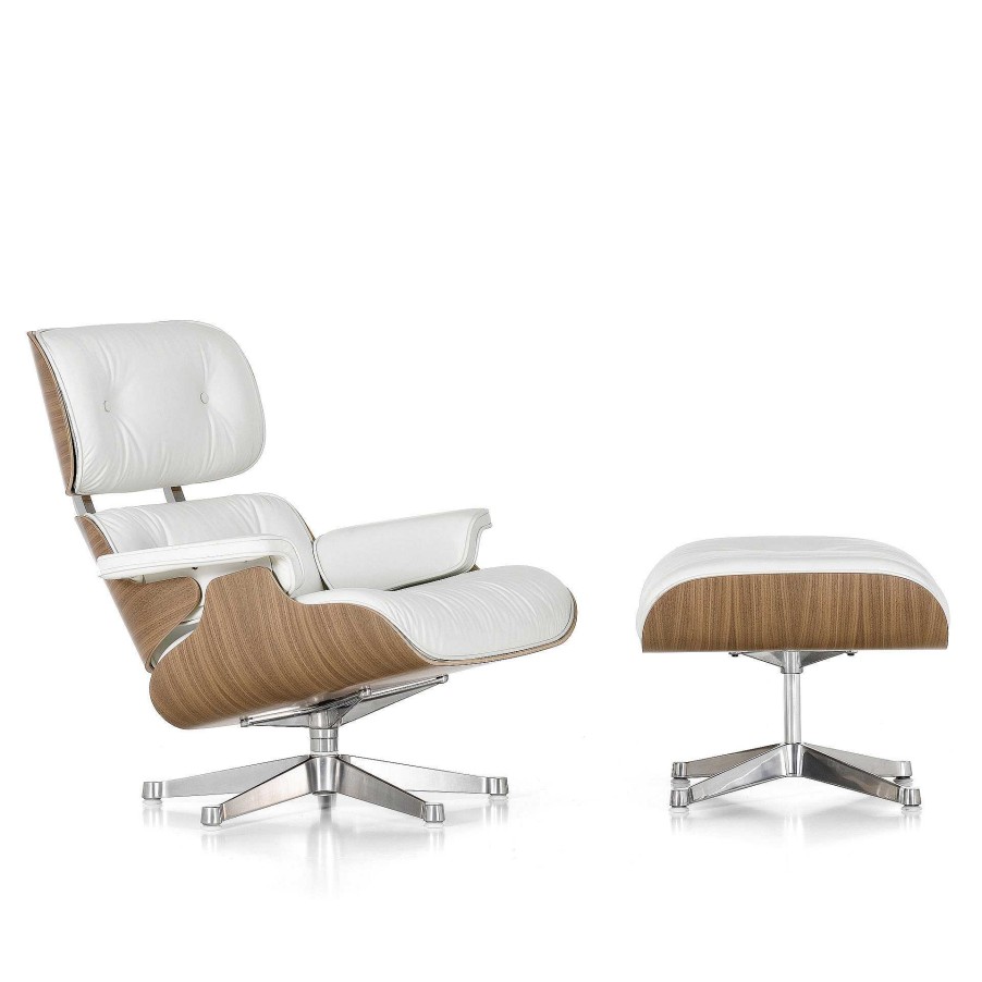 Vitra Single Armchairs | Lounge Chair & Ottoman | White Walnut - Snow Leather